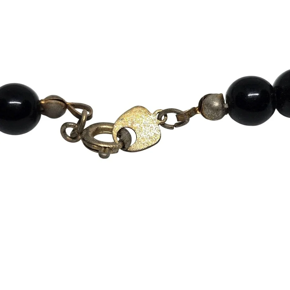 Vintage Black Beaded Cloisonné Floral Necklace Gold Tone Spacers Statement 24